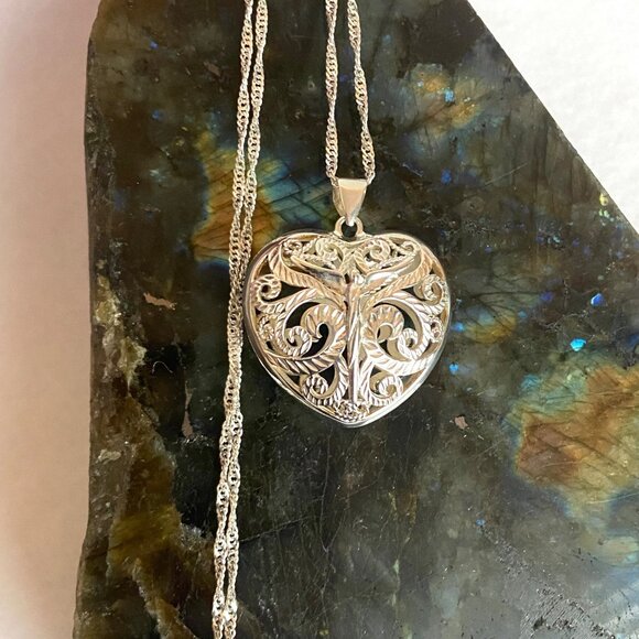 Steven Lavaggi Sterling Silver 925 Filigree Puffy Heart Angel Pendant Necklace - Picture 3 of 16